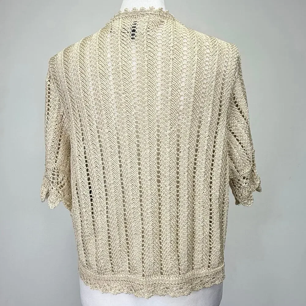 RALPH LAUREN Silk Crochet Cardigan Open Front Beige Womens L Cottagecore Boho - Picture 5 of 8